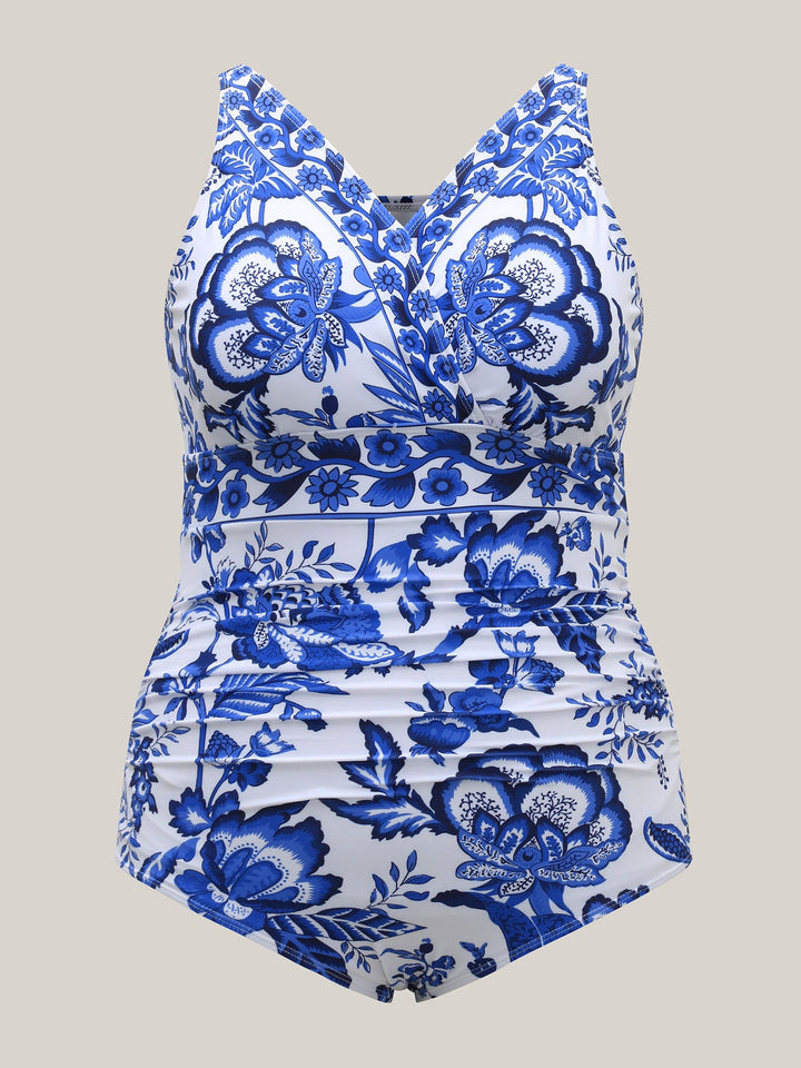 Fato de banho de duas peças com estampado floral e malha franzida, sarongue