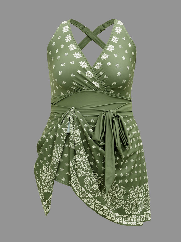 Vestido de banho com estampa boho, cintura com laço e decote cruzado