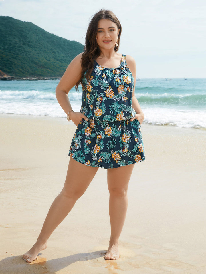 Fato de banho de uma peça com bolsos e estampado floral tropical