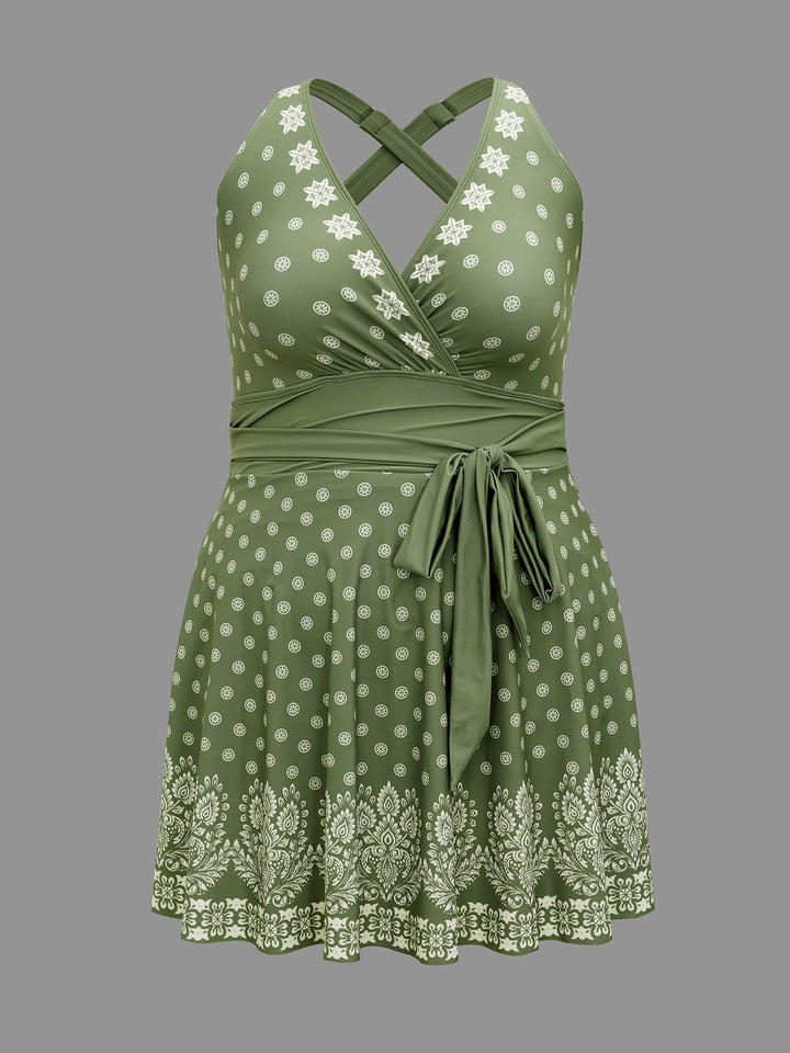 Vestido de banho com estampa boho, cintura com laço e decote cruzado