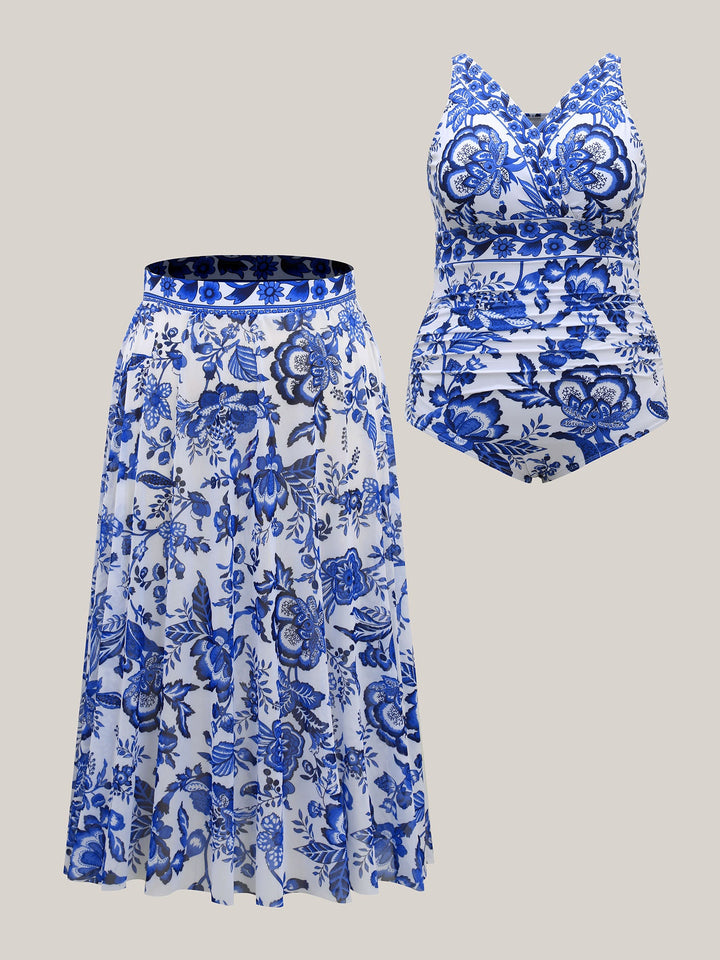 Fato de banho de duas peças com estampado floral e malha franzida, sarongue