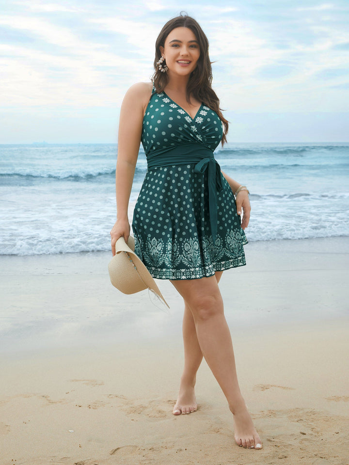 Vestido de banho com estampa boho, cintura com laço e decote cruzado