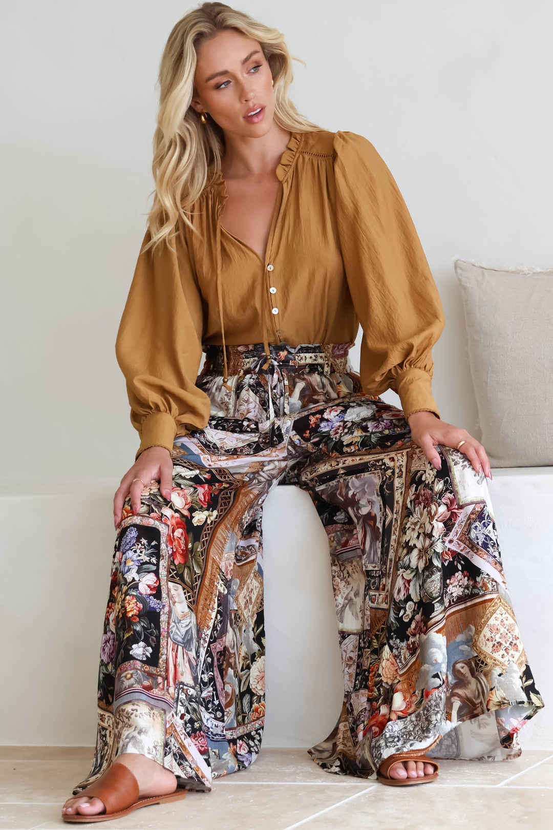 Calças Charli - Calças de cintura alta e perna larga com estampado Elaine