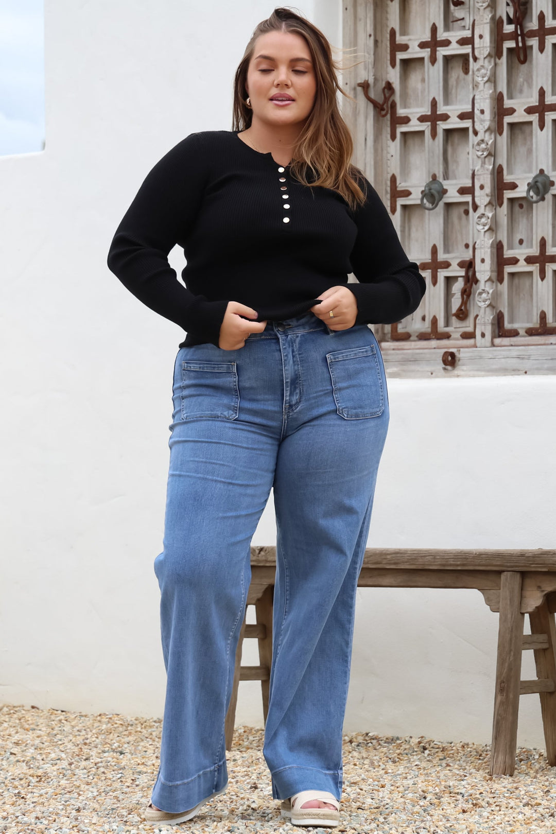 Calças de ganga largas Cindy em lavagem denim média