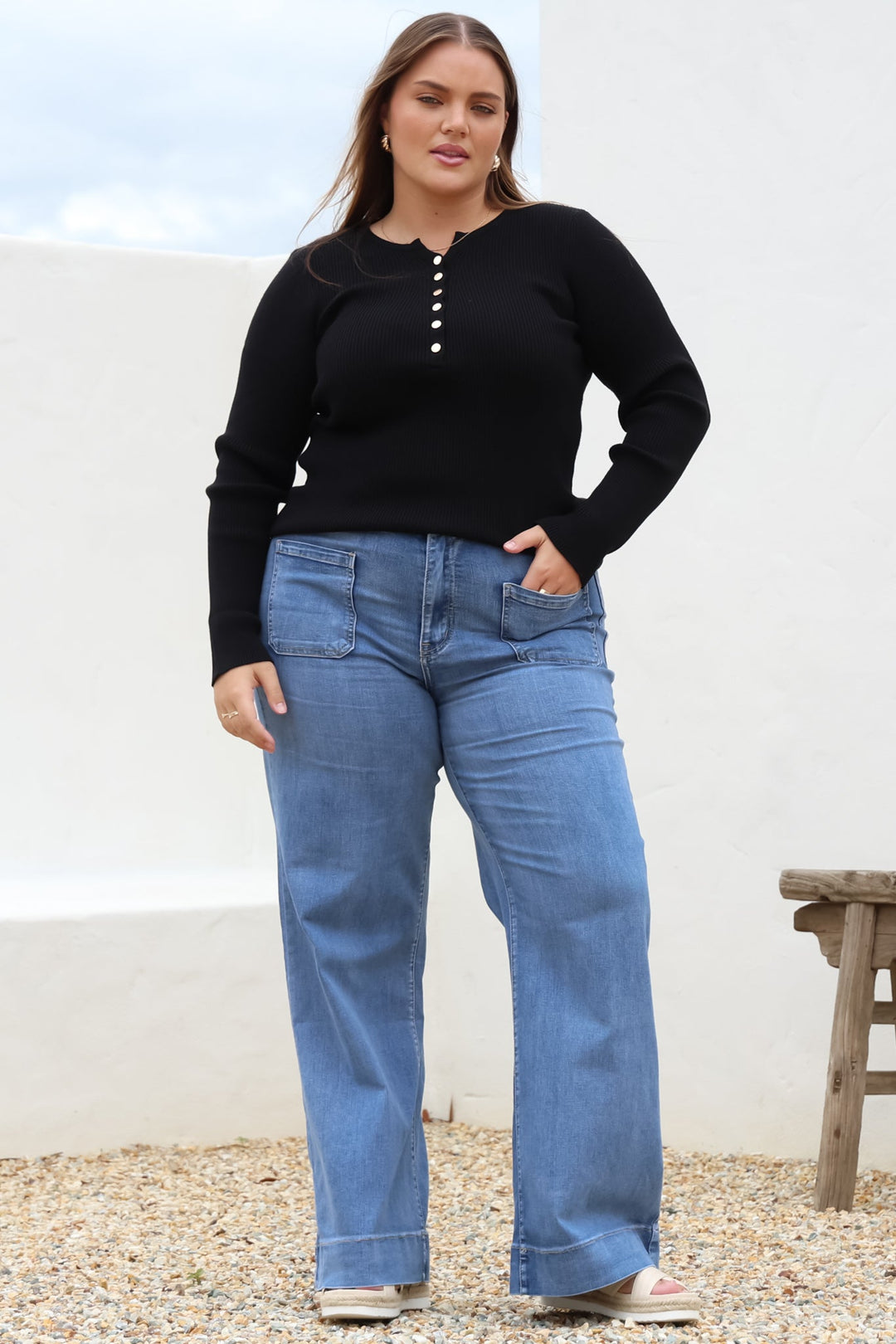 Calças de ganga largas Cindy em lavagem denim média