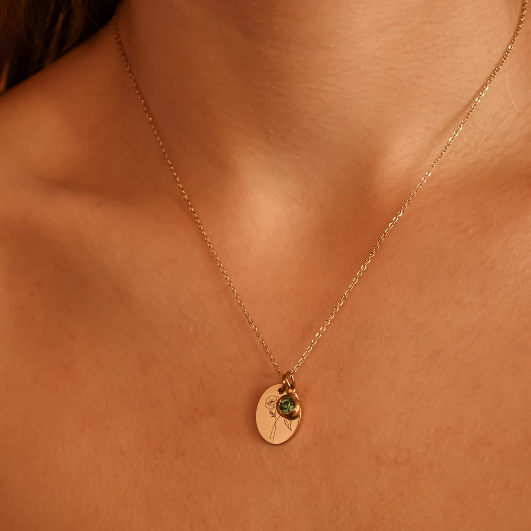 Colar com pedra de nascimento, nome e flor de nascimento