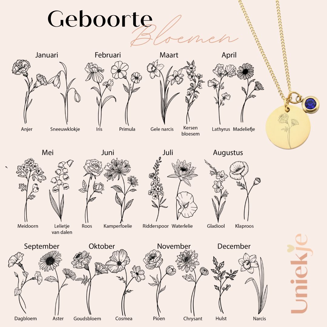 Colar com pedra de nascimento, nome e flor de nascimento