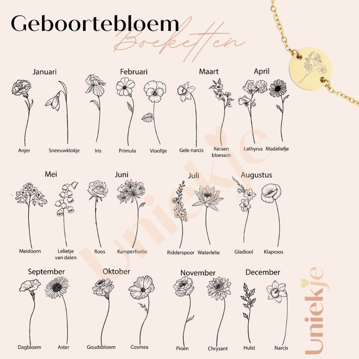 Pulseira de moedas com 3 flores do nascimento